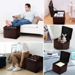 COSTWAY Faux Leather Ottoman, Pouffe Storage Toy Box With Hinge Top Padded Foot Stool, Cube Bench Seater For Living Room, Bedroom & Office, 150Kg Capacity (Brown) -Living Room Furniture Store 9873615 3