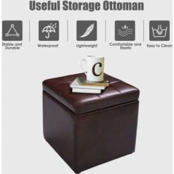 COSTWAY Faux Leather Ottoman, Pouffe Storage Toy Box With Hinge Top Padded Foot Stool, Cube Bench Seater For Living Room, Bedroom & Office, 150Kg Capacity (Brown) -Living Room Furniture Store 9873615 4