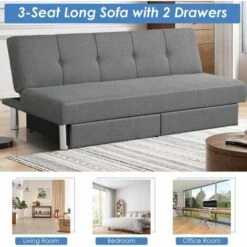 3 Seat Convertible Sofa Bed Linen Upholstered Futon Sofa 3 Adjustable Backrest -Living Room Furniture Store 98742320 5