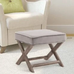 HOMCOM Vintage Footstool Padded Seat X Shape Chair Velvet Cover Shabby Grey -Living Room Furniture Store 9982935 3